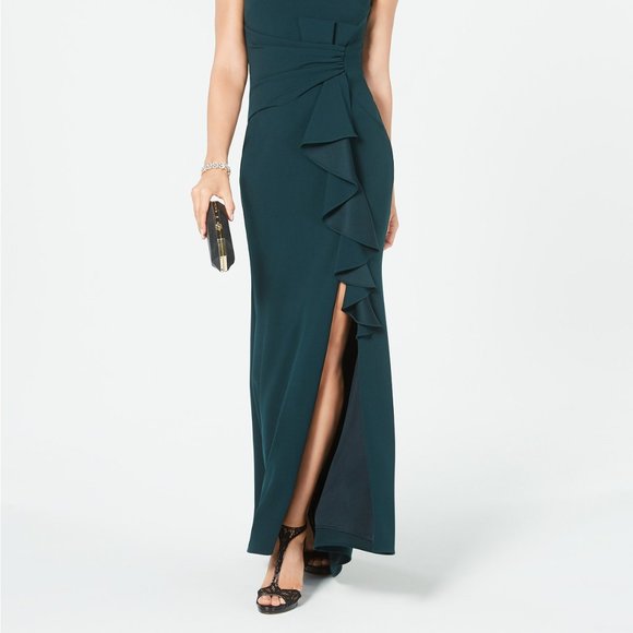 BETSY & ADAM Women's Sleeveless Ruffle-Detail Gown Pine Size 14 - Picture 5 of 7